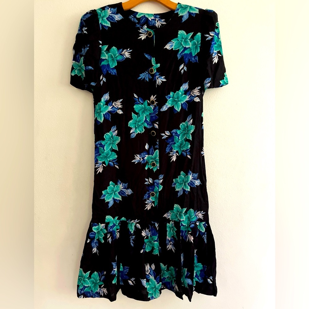 Vintage Dress Small Black Green Shift Hem Ruffle Button Down Padded Shoulder